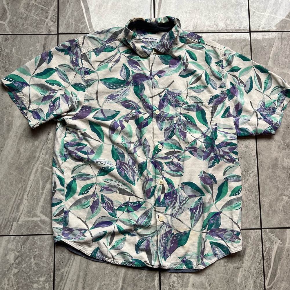 Tommy Bahama Men’s Ivory 100%Silk Floral Hawaiian Short Sleeve Button Up Shirt L